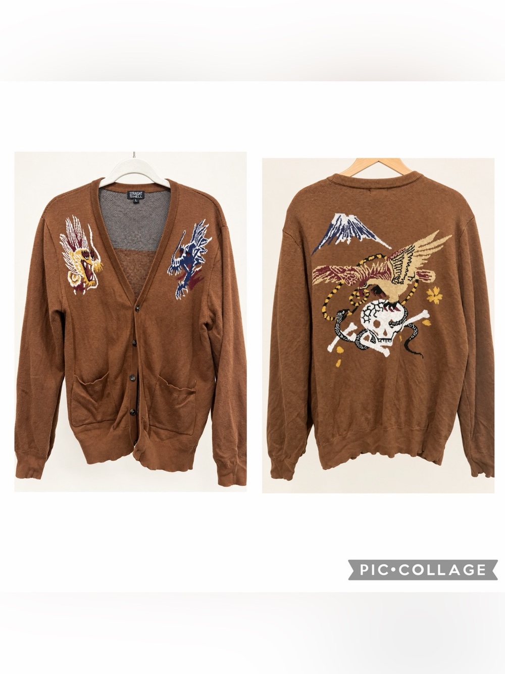 Straight To Hell Brown Skull Cardigan Mens M Ret $118